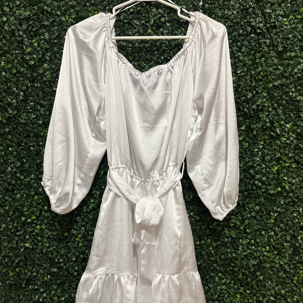 🔥5/$30🔥HYFVE OFF SHOULDER SATIN TIE WAIST MIDI/ABOVE KNEE DRESS